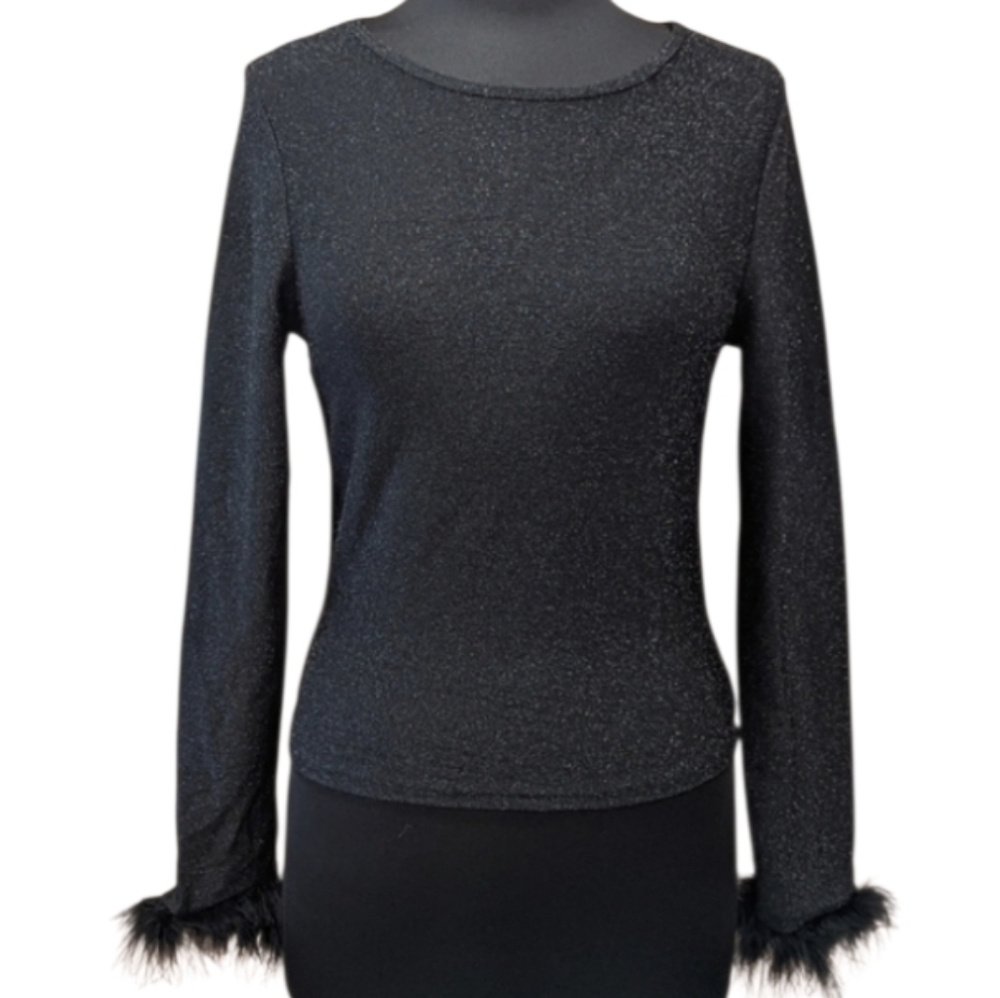 Derek Heart Large Y2K Glitter Feather Cuff Black Sparkle Long Sleeve Tee